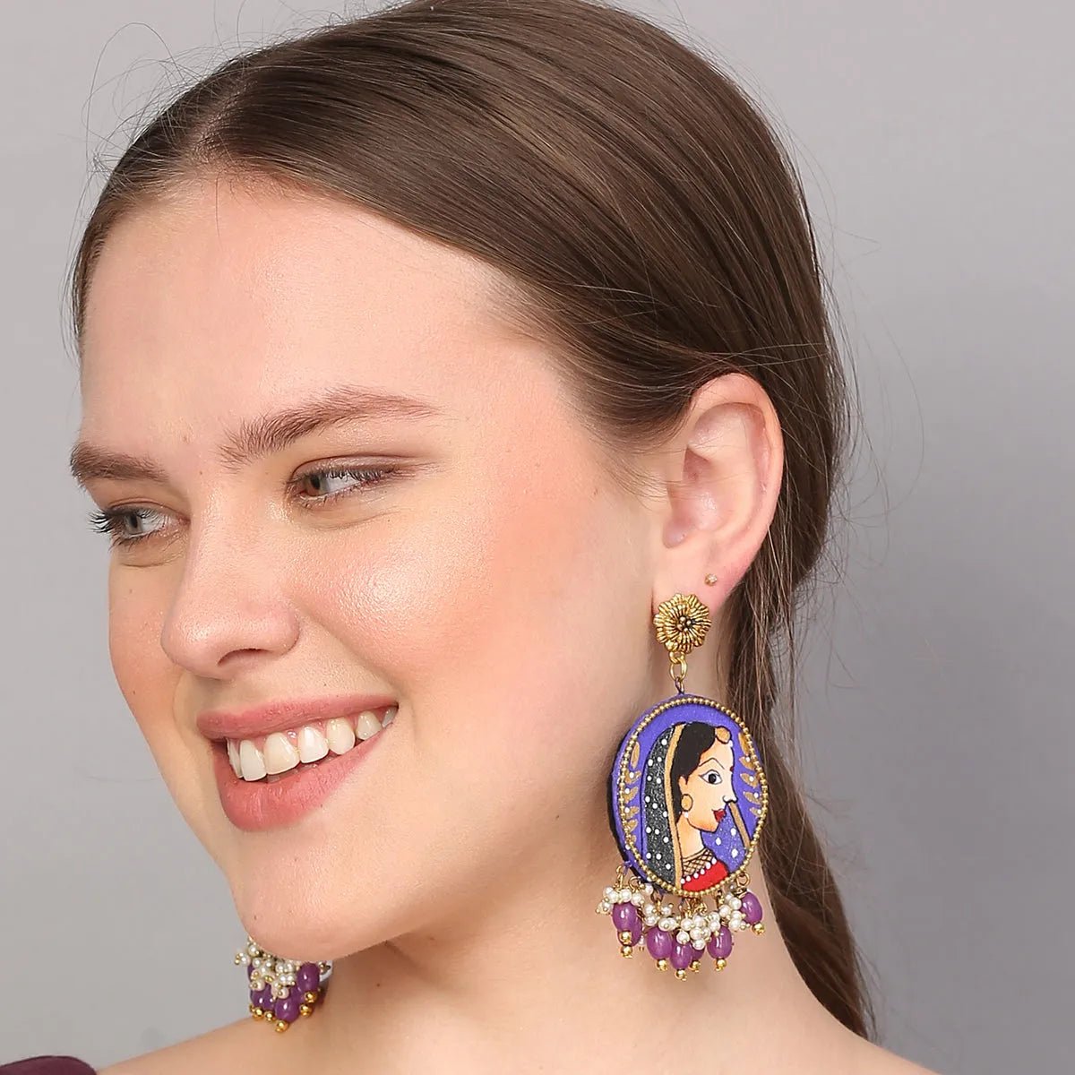 Nayana Traditional Purple Hand Painted Drop (Earrings) HP - ER - 148 - KHOJ.CITY