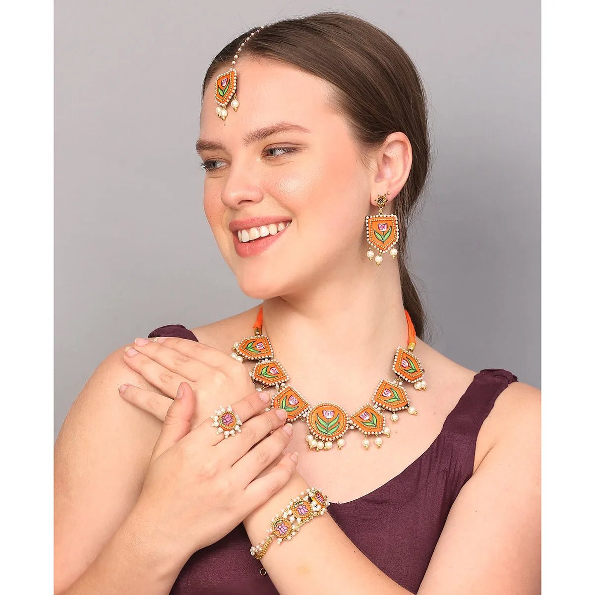 Ochre Classic Multi Color Hand Painted Bridal Jewelry (Shaadi Set) - 016 - KHOJ.CITY