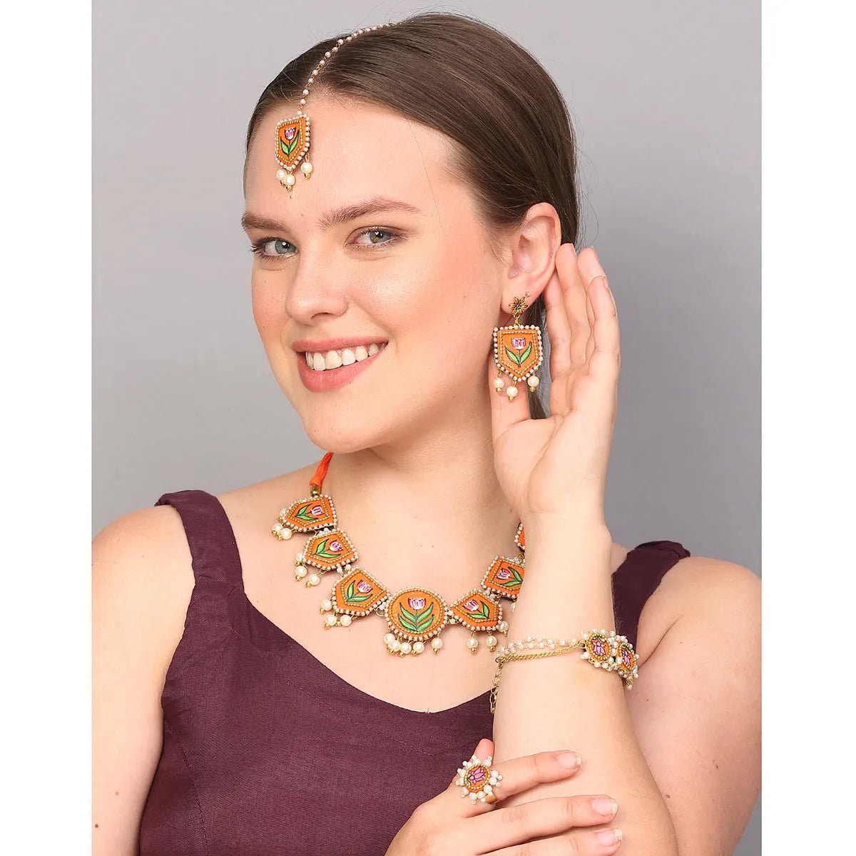 Ochre Classic Multi Color Hand Painted Bridal Jewelry (Shaadi Set) - 016 - KHOJ.CITY