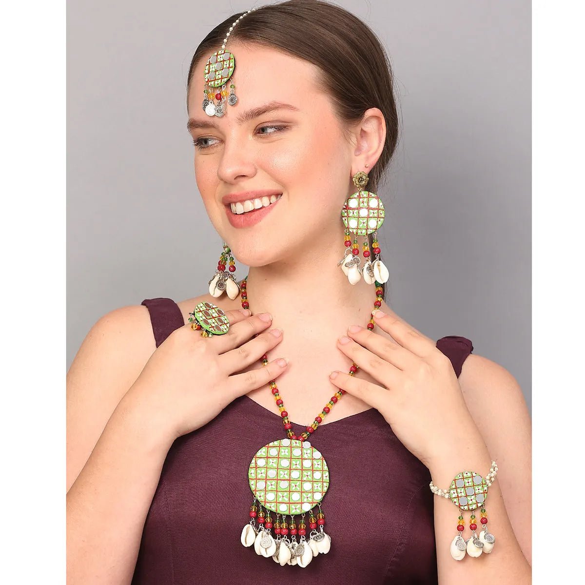 Olive Classic Multi Color Handmade Bridal Jewelry (Shaadi Set) - 013 - KHOJ.CITY