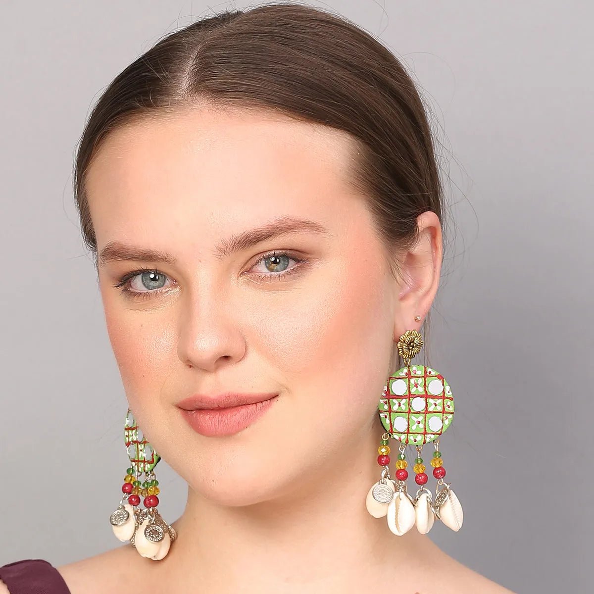 Olive Traditional Multi Color Hand Painted Drop (Earrings) HP - ER - KHOJ.CITY