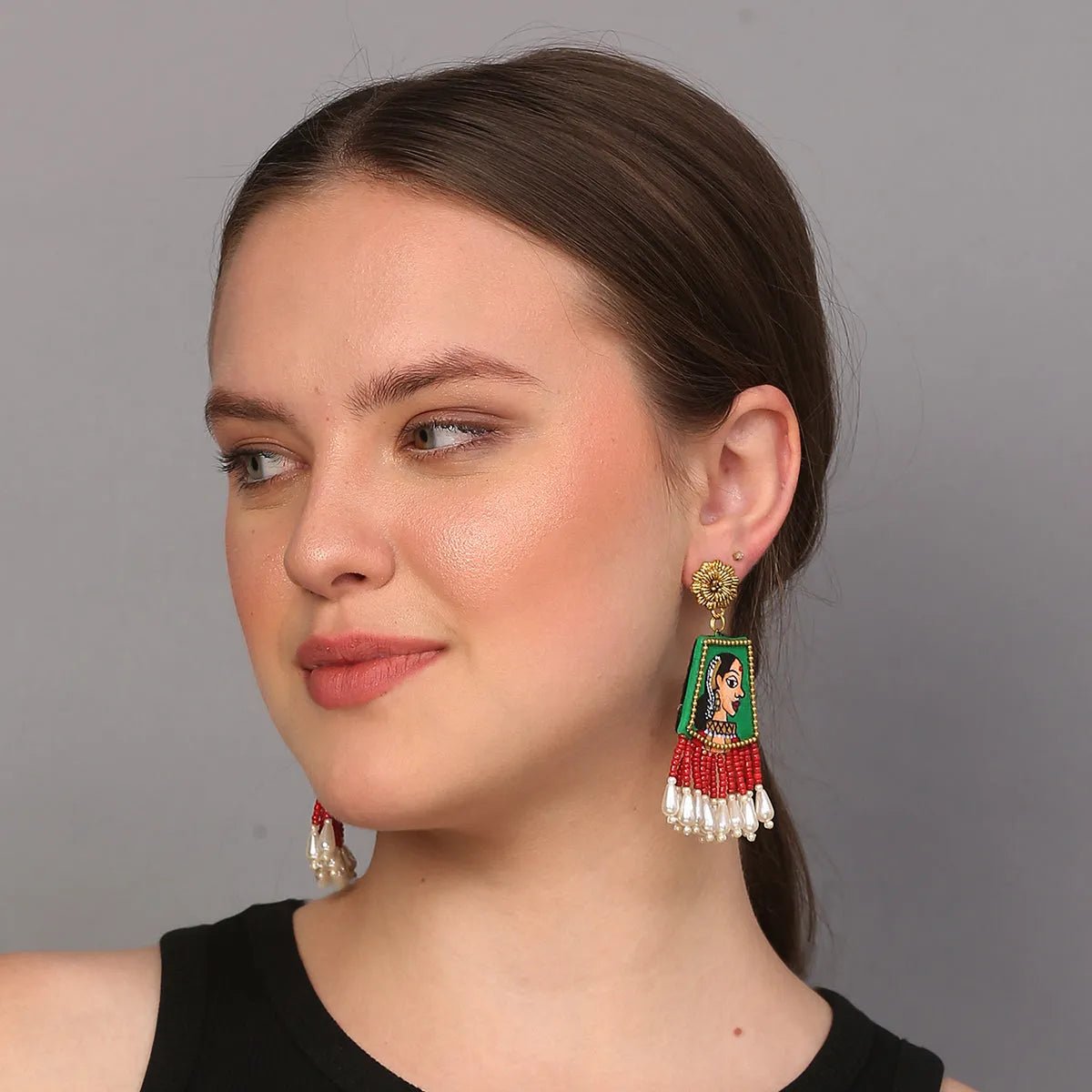 Padmini Traditional Green Hand Painted Drop (Earrings) HP - ER - 209 - KHOJ.CITY