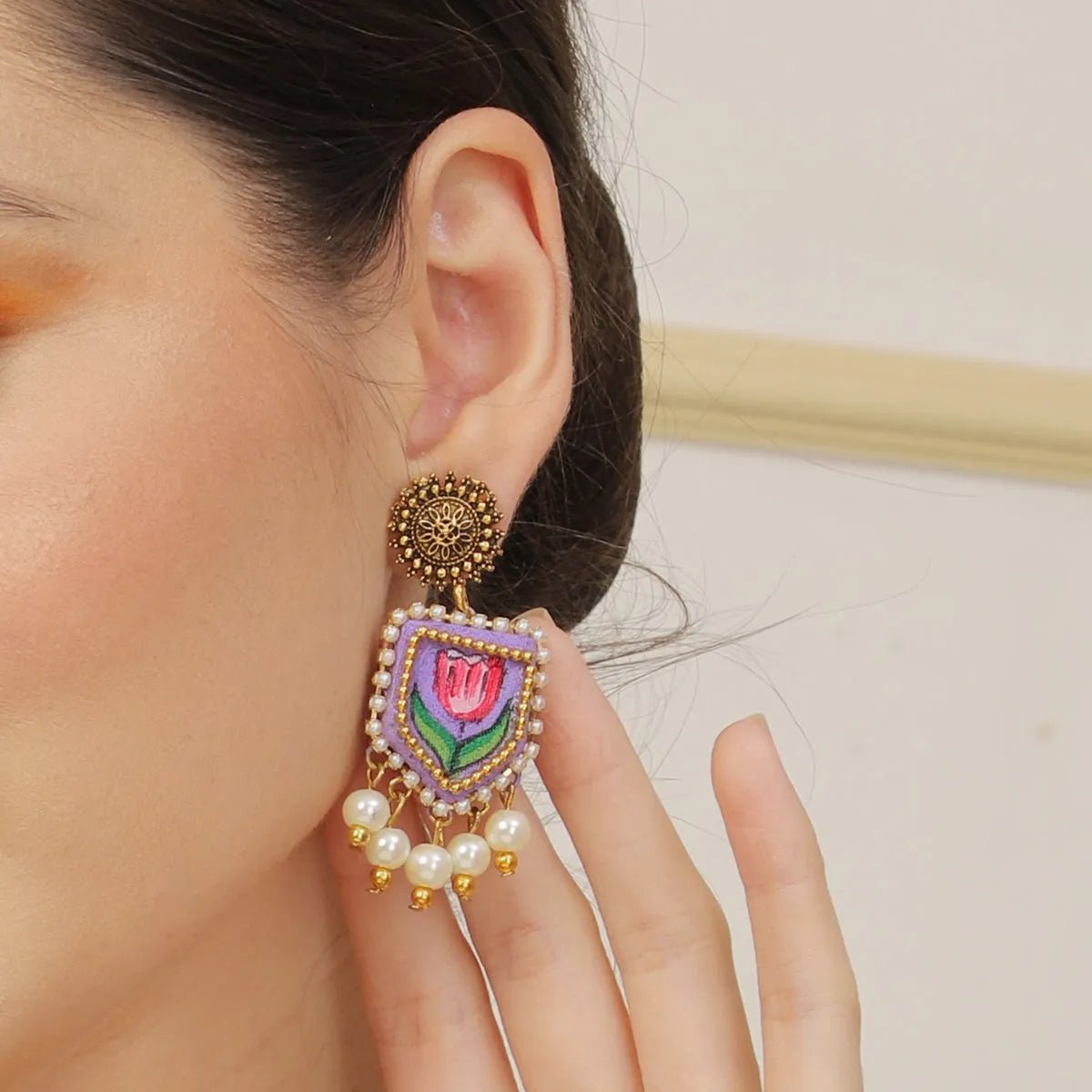 Purply Traditional Multi Color Hand Painted Drop (Earrings) HP - ER - 205 - KHOJ.CITY