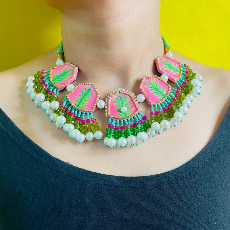 Reni Handpainted Green and Orange (Choker) set - KHOJ.CITY