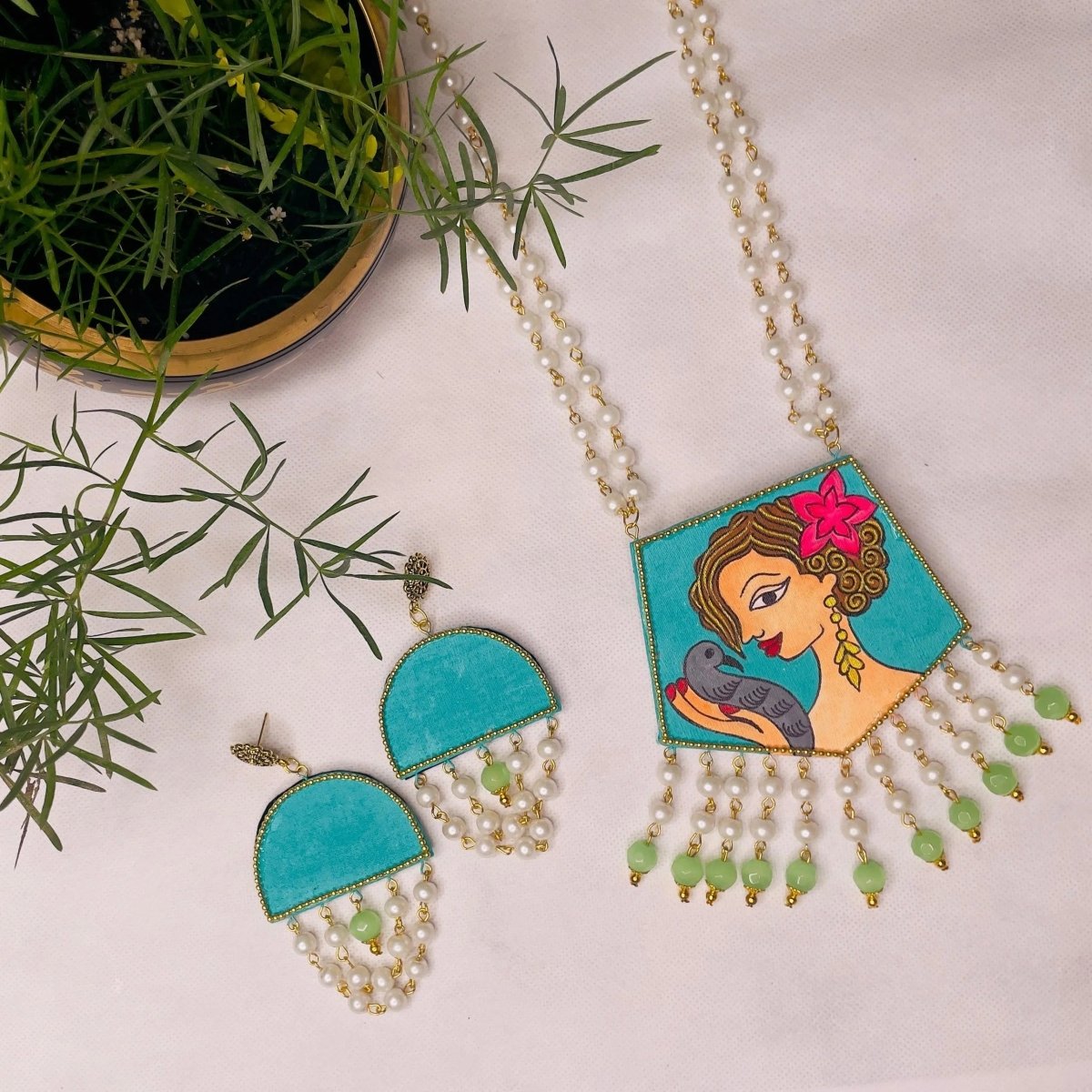 Roop Green Bohemian Hand Painted (Necklace Set) HP - NP - 131 - KHOJ.CITY