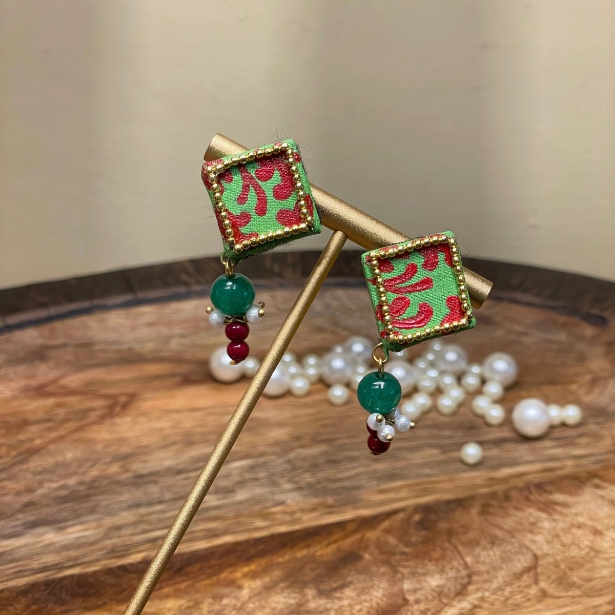 Square Mini Classic Green Hand Painted Stud (Earrings) HP - ER - 116 - KHOJ.CITY