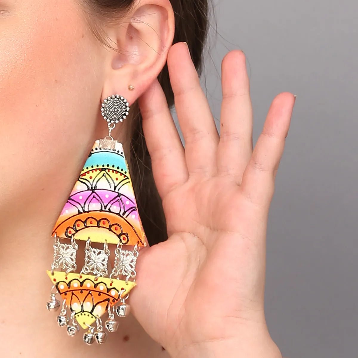 Triangular Bohemian Multi Color Hand Painted Drop (Earrings) HP - ER - 186 - KHOJ.CITY
