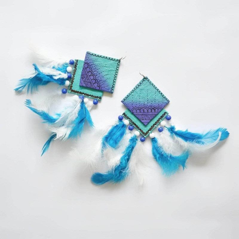 Bleu Plumage Handpainted Blue (Earrings) - KHOJ.CITY