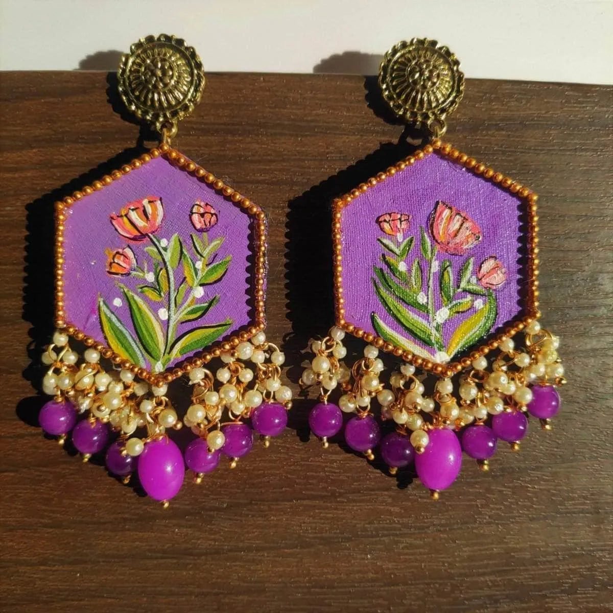 Dianthus Purple Hand Painted Drop (Earrings) HP - ER - 051 - KHOJ.CITY