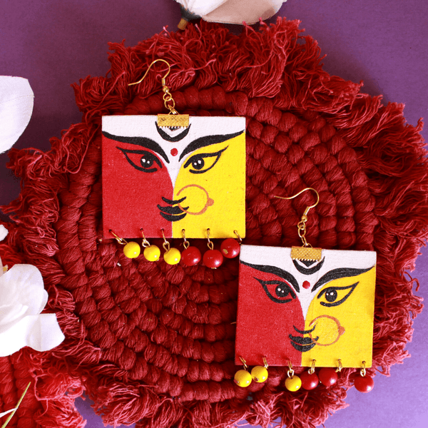 Durga Ma Handpainted Yellow and Red (Earrings) - KHOJ.CITY