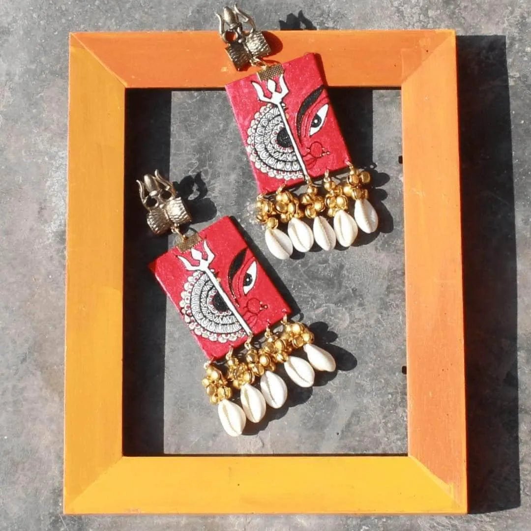Durga Mandala Traditional Multi Color Hand Painted Drop (Earrings) HP - ER - 057 - KHOJ.CITY