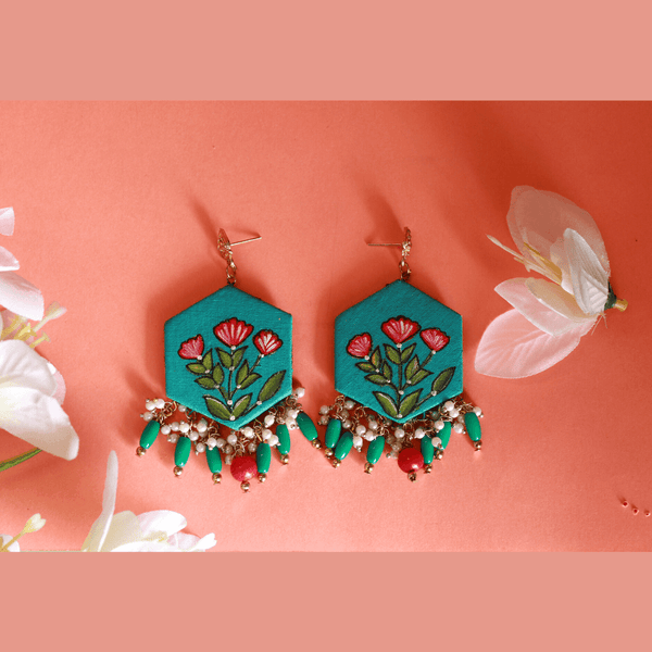 Floral Beaded Handpainted Green (Earrings) - KHOJ.CITY