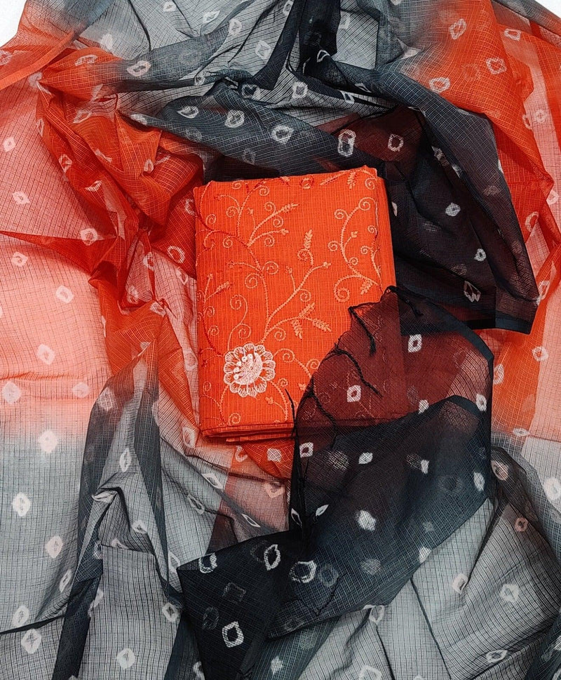 Kota Doria Embroidered Unstitched Suit Fabric (Orange) - KHOJ.CITY