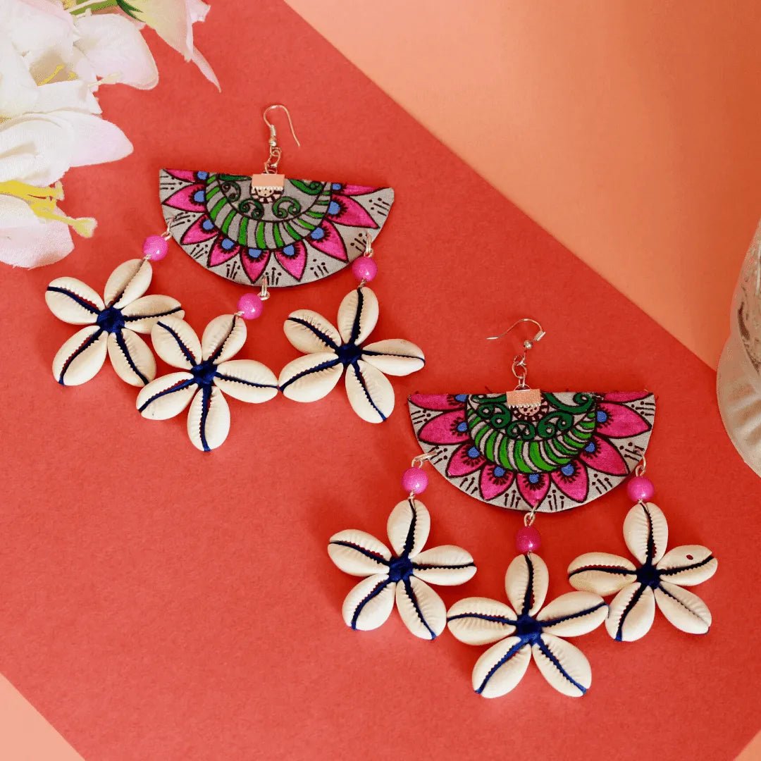 Mandala Shell Bohemian Multi Color Hand Painted Drop (Earrings) HP - ER - 099 - KHOJ.CITY