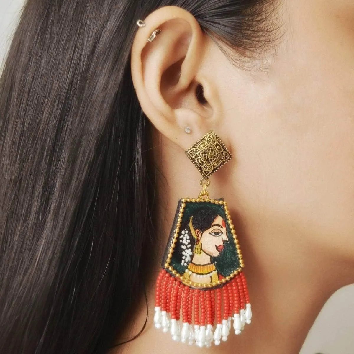 Padmini Traditional Green Hand Painted Drop (Earrings) HP - ER - 209 - KHOJ.CITY