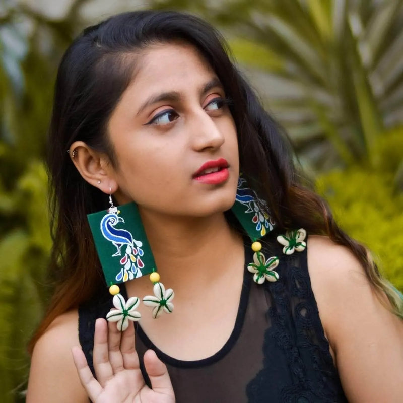Perched Peafowl Handpainted Multi Color (Earrings) - KHOJ.CITY