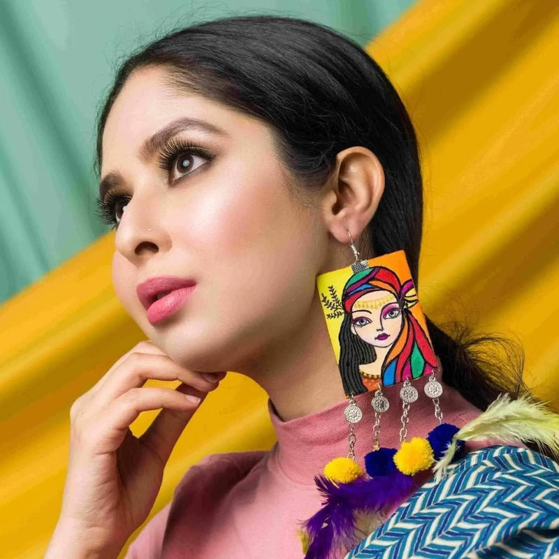 Rim Jhim Handpainted Yellow and Red (Earrings) - KHOJ.CITY