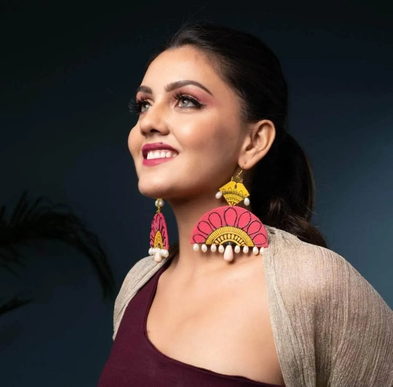 Sunset Pearls Pink Handpainted (Earrings) - KHOJ.CITY