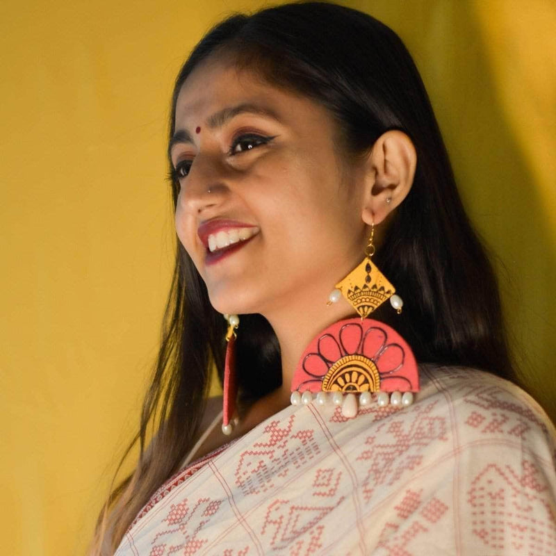Sunset Pearls Pink Handpainted (Earrings) - KHOJ.CITY