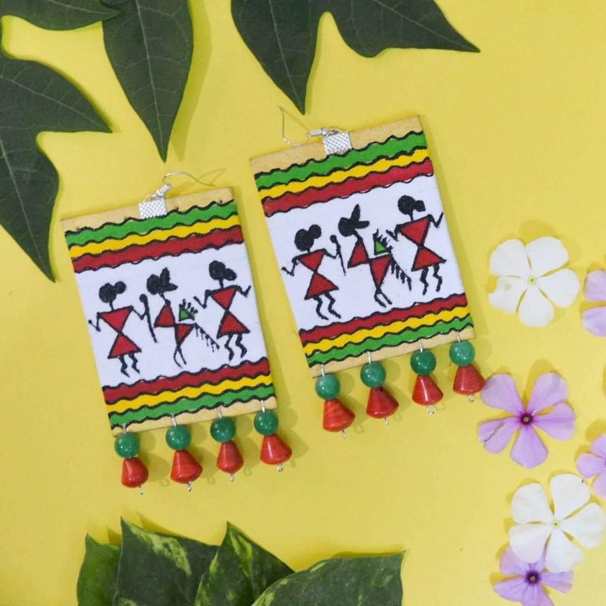 Warli Modern Multi Color Hand Painted Drop (Earrings) HP - ER - 200 - KHOJ.CITY